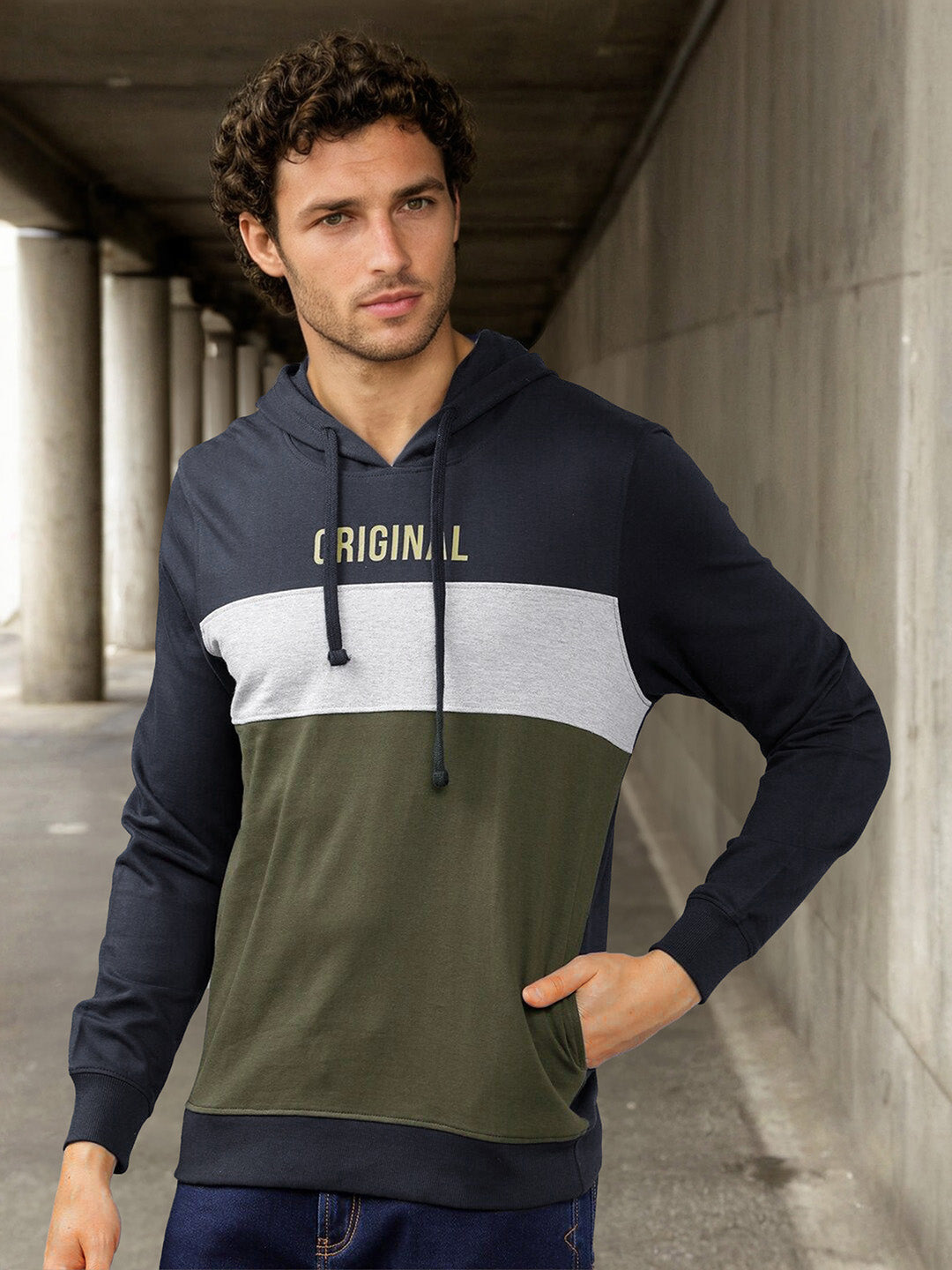 The Indian Garage Co Men Olive Green & White Colourblocked Hooded Sweatshirt