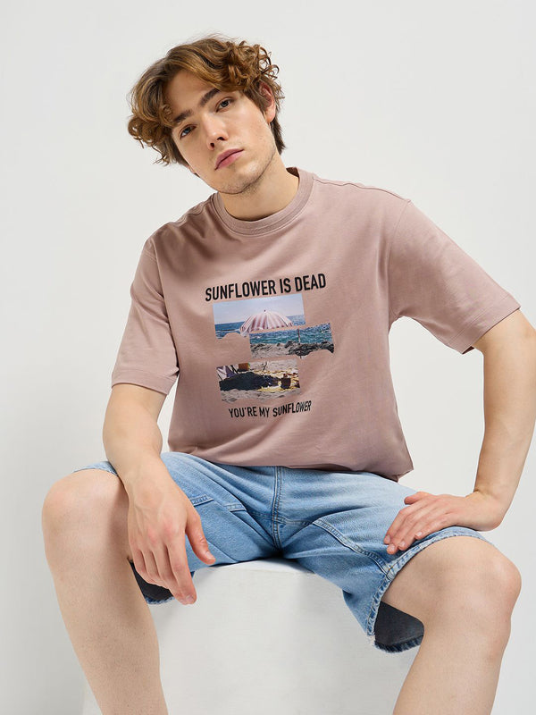 THE BEAR HOUSE Men Typography Printed Round Neck Cotton Oversized T-shirt