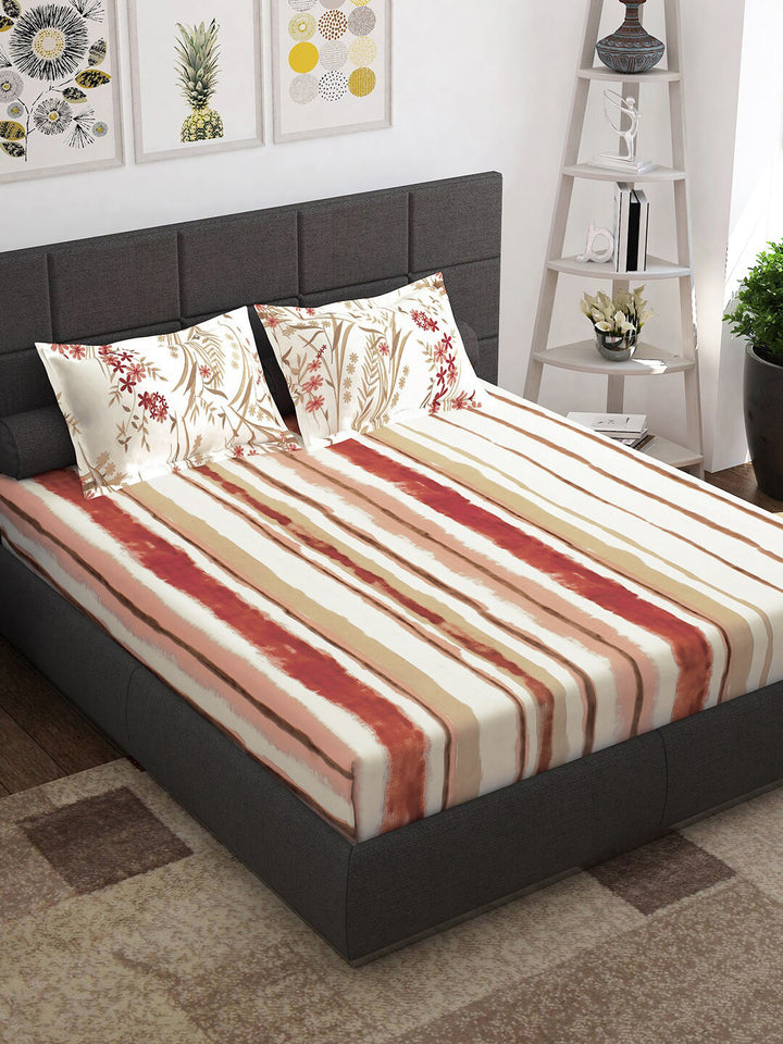 Story@home Red Striped Cotton 144 TC Queen Bedsheet with 2 Pillow Covers-89 x 98 inches