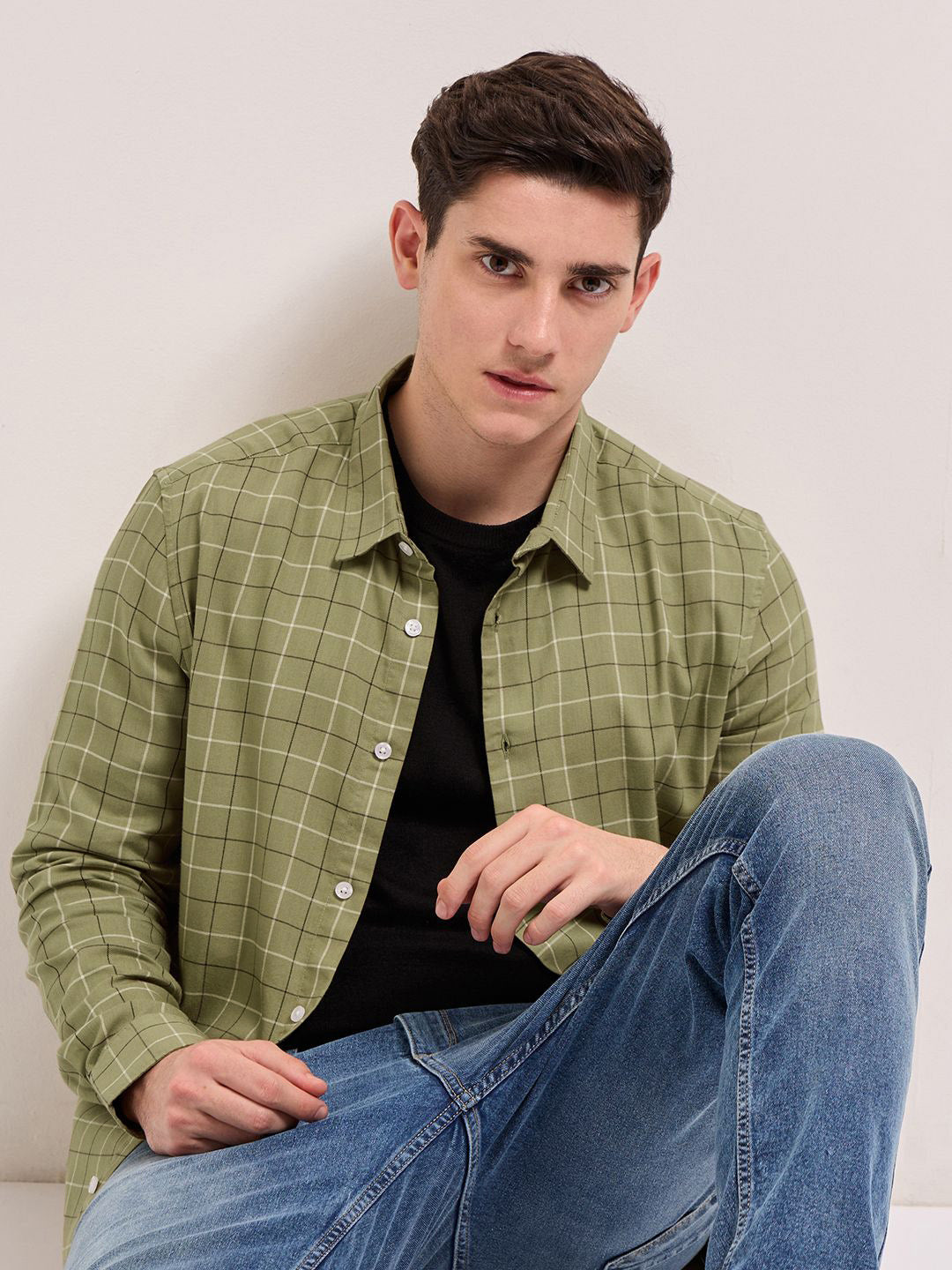 THE BEAR HOUSE Men Spread Collar Windowpane Checked Cotton Slim Fit Casual Shirt