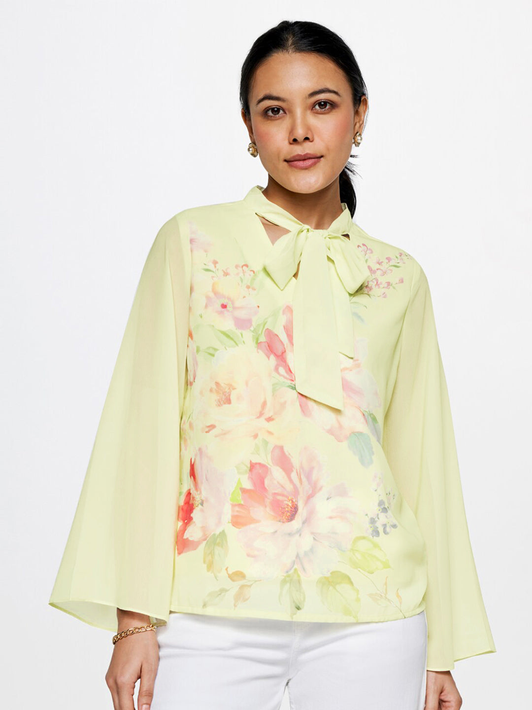AND Floral Printed Tie-Up Neck Flared Sleeves Top
