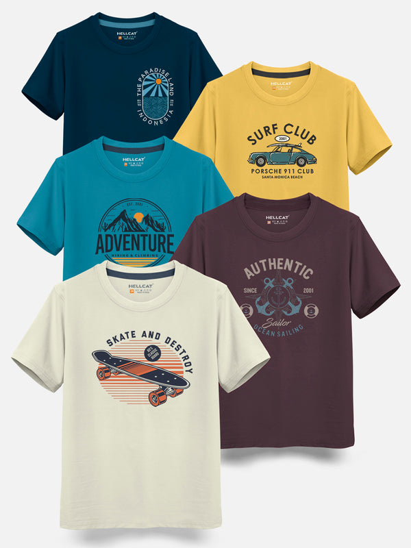HELLCAT Boys Pack Of 5 Graphic Printed Cotton T-shirt