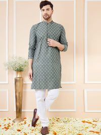See Designs Ethnic Motifs Woven Design Mandarin Collar Straight Kurta With Pyjamas