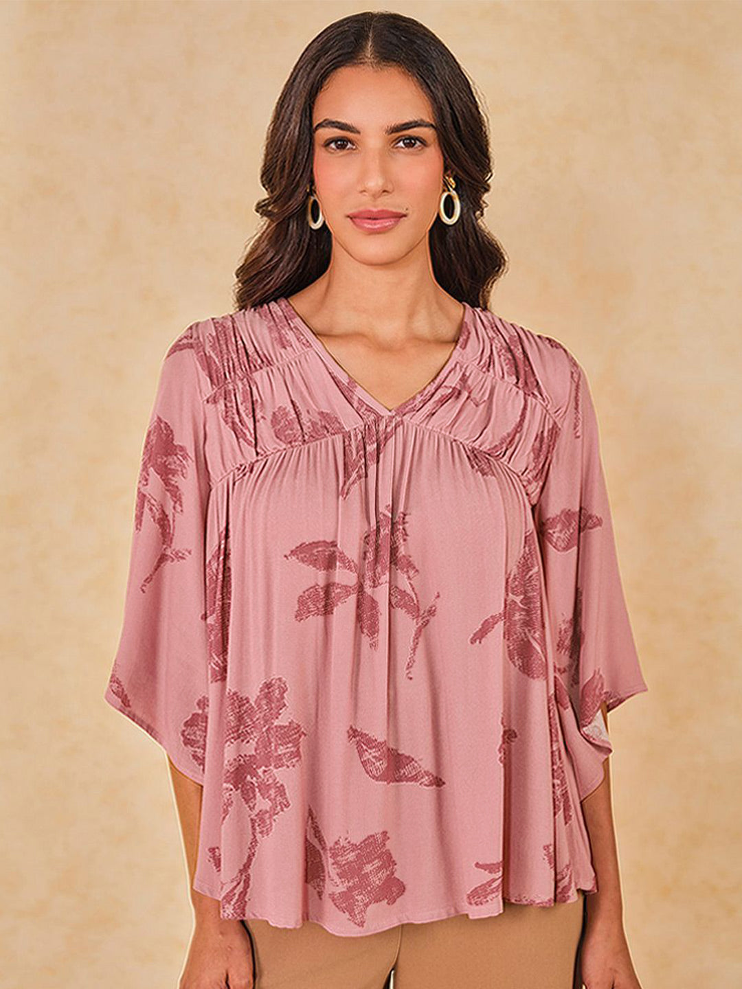 AND Print Tie-Up Neck Kimono Sleeve Top