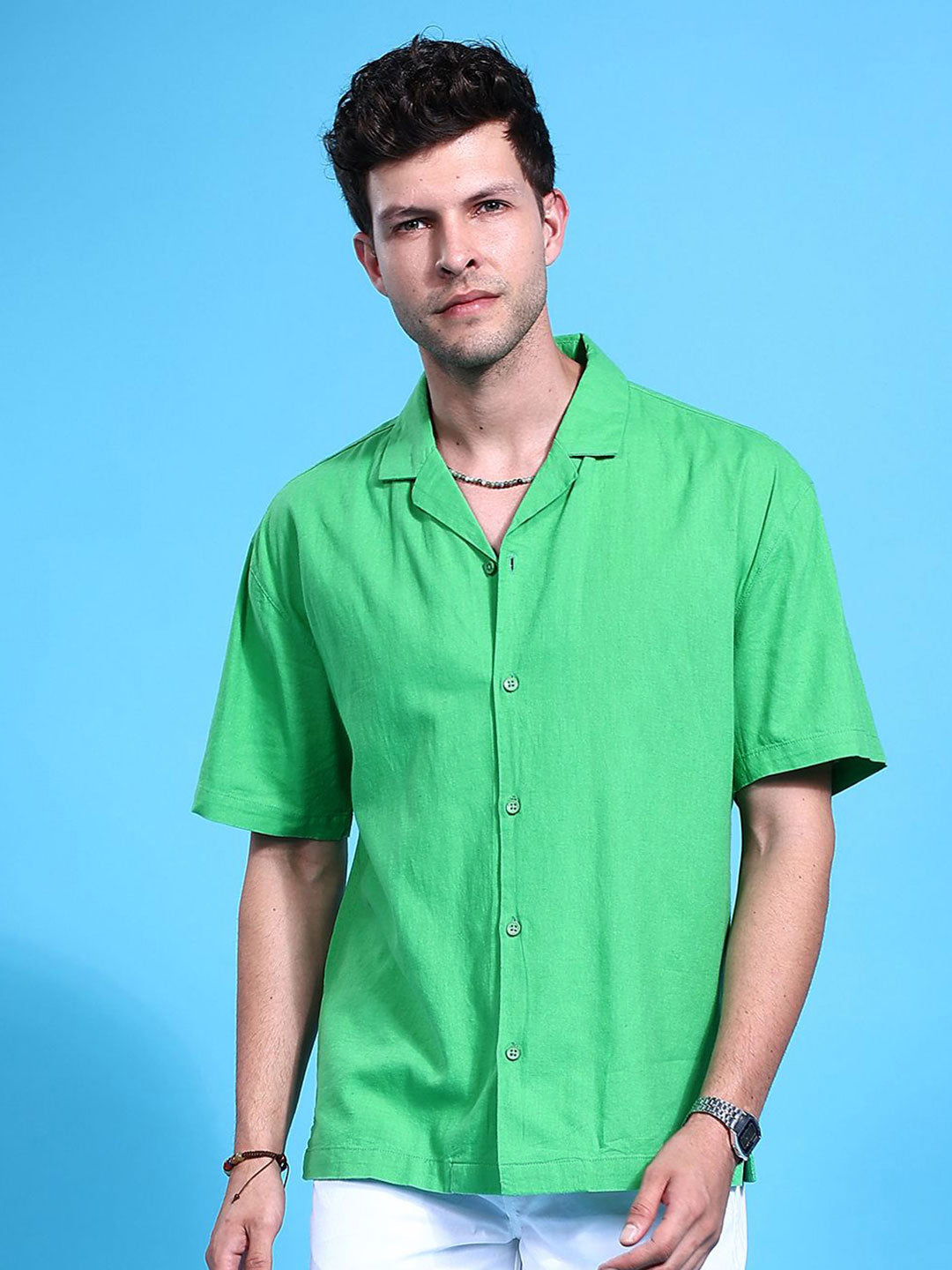 The Indian Garage Co Pure Cotton Cuban Collar Relaxed Fit Linen Resortwear Shirt