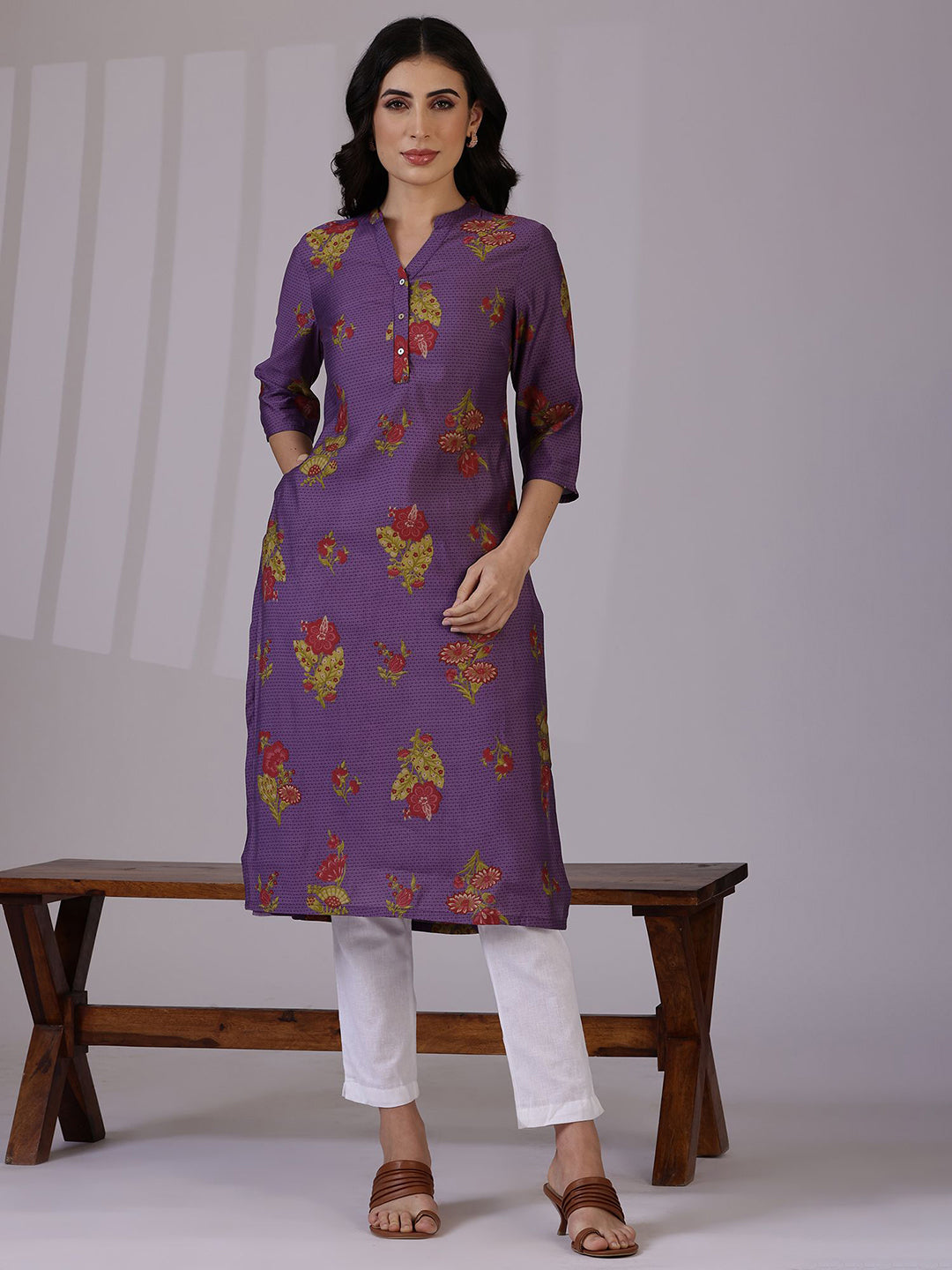 W Purple Floral Printed Mandarin Collar Three-Quarter Sleeves Straight Kurta