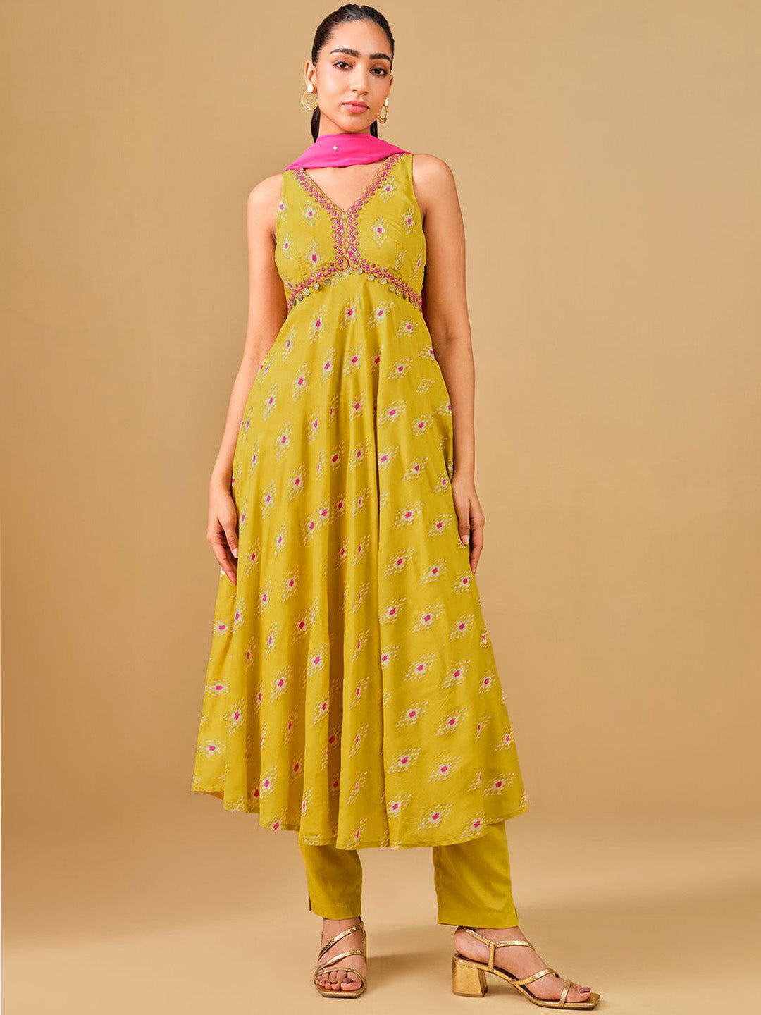 Global Desi Ethnic Motifs Printed Mirror Work Anarkali Kurta with Trousers & Dupatta