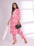 Varanga Pink Floral Printed Mandarin Collar Pure Cotton Kurta with Trousers