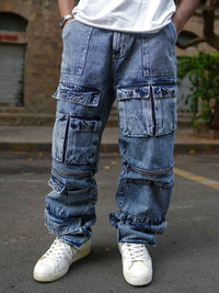Powerlook Men Loose Baggy Fit Pure Cotton Denim Cargos