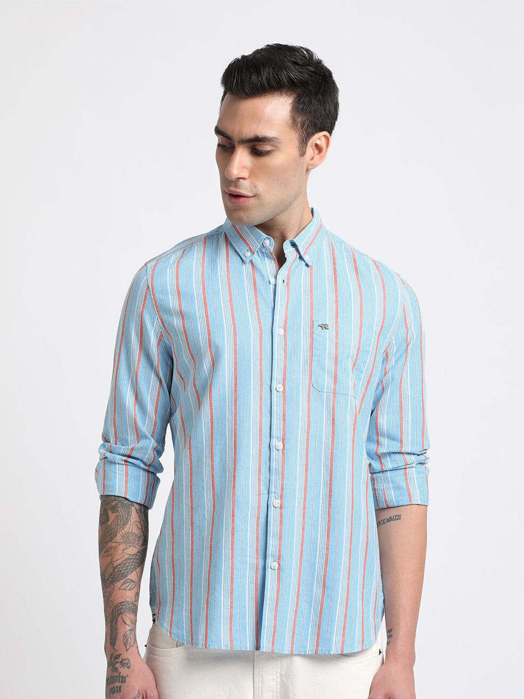 THE BEAR HOUSE Slim Fit Striped Spread Collar Cotton Casual Shirt