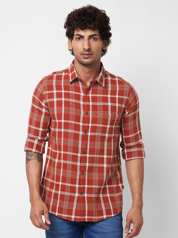 Spykar Men Tartan Memeriksa Baju Kasual Kain Murni