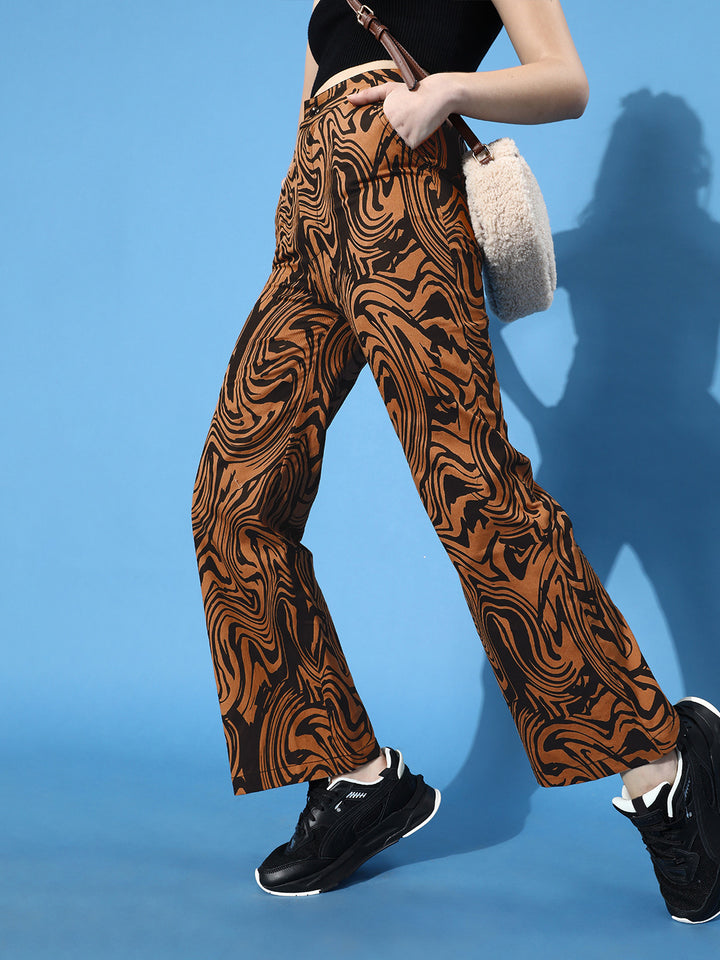 STREET 9 Women Deep Brown Printed Mid-Rise Trousers