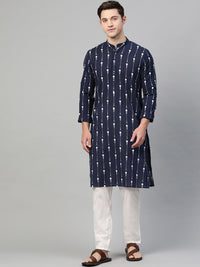 See Designs Men Navy Blue & White Printed Kurta with Pyjamas