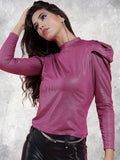 Tokyo Talkies Magenta Embellished High Neck Puffed Sleeves Top