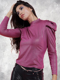 Tokyo Talkies Magenta Embellished High Neck Puffed Sleeves Top