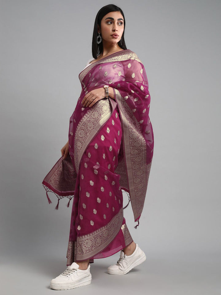 Saree mall Ethnic Motifs Zari Organza Banarasi Sarees