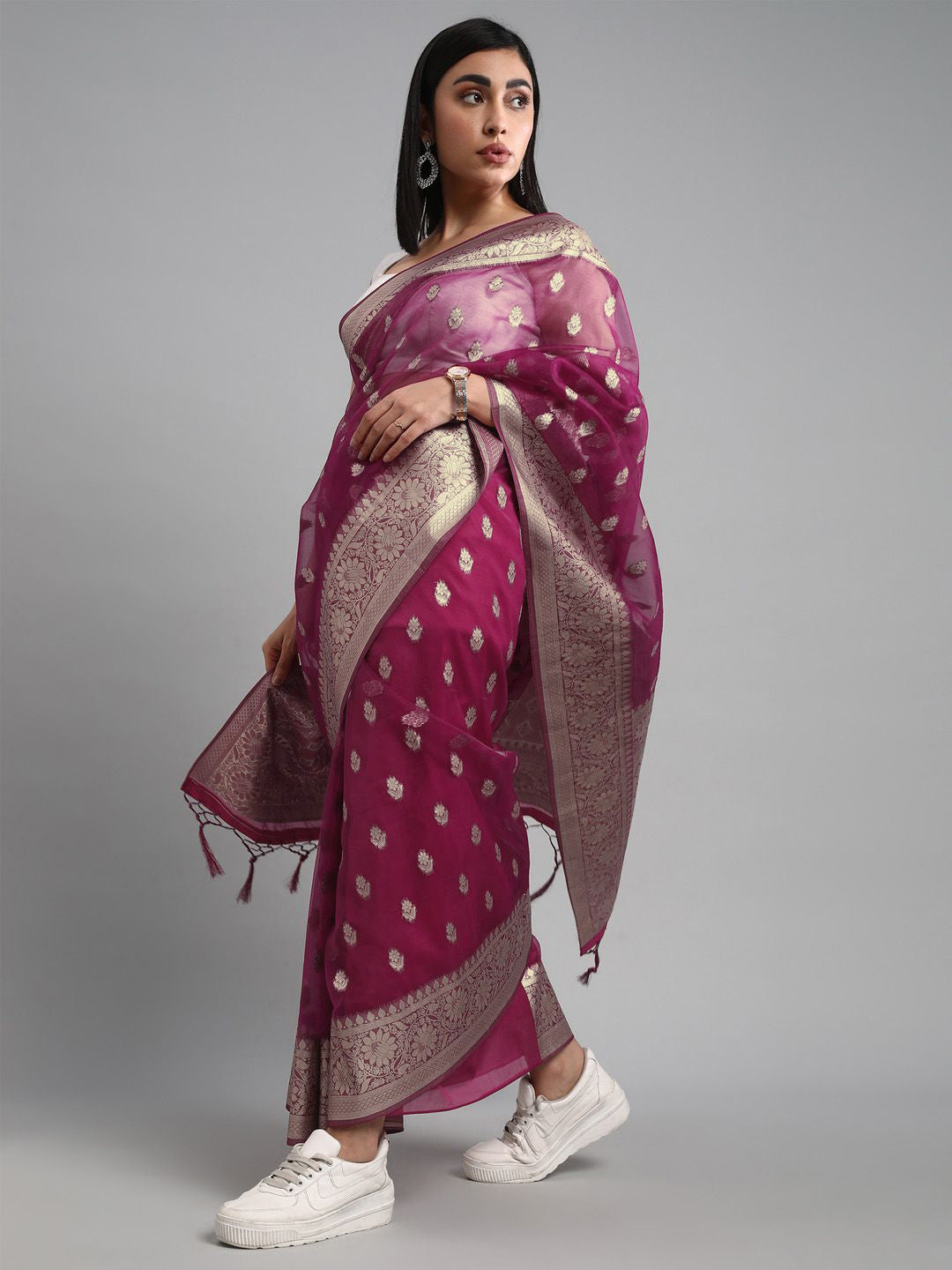 Saree mall Ethnic Motifs Zari Organza Banarasi Sarees