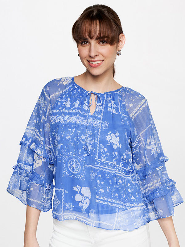 AND Floral Printed Tie-Up Neck Flared Sleeves Top