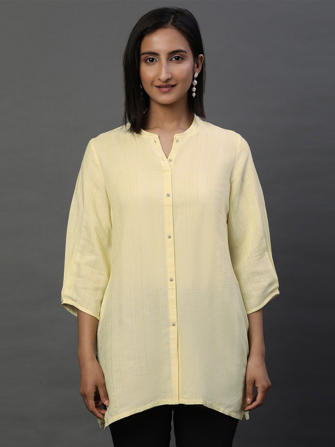 AURELIA Geometric Woven Design Mandarin Collar Straight Kurti