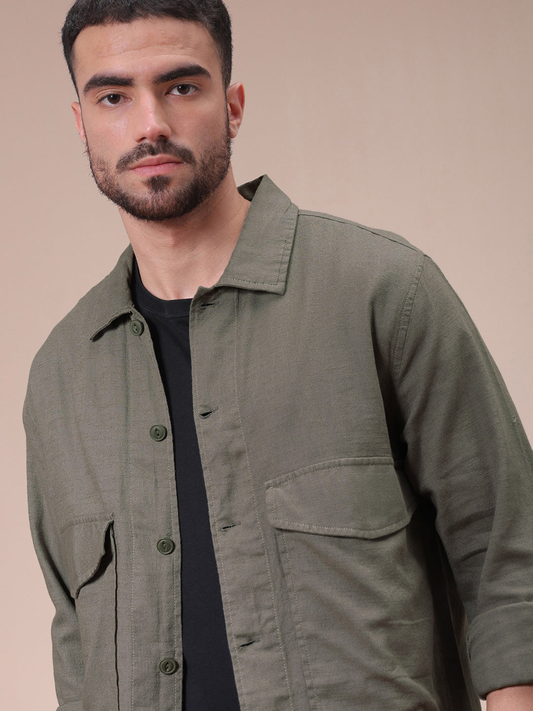 The Indian Garage Co Men Regular Fit Solid Double Flap Pocket Resortwear Overshirt