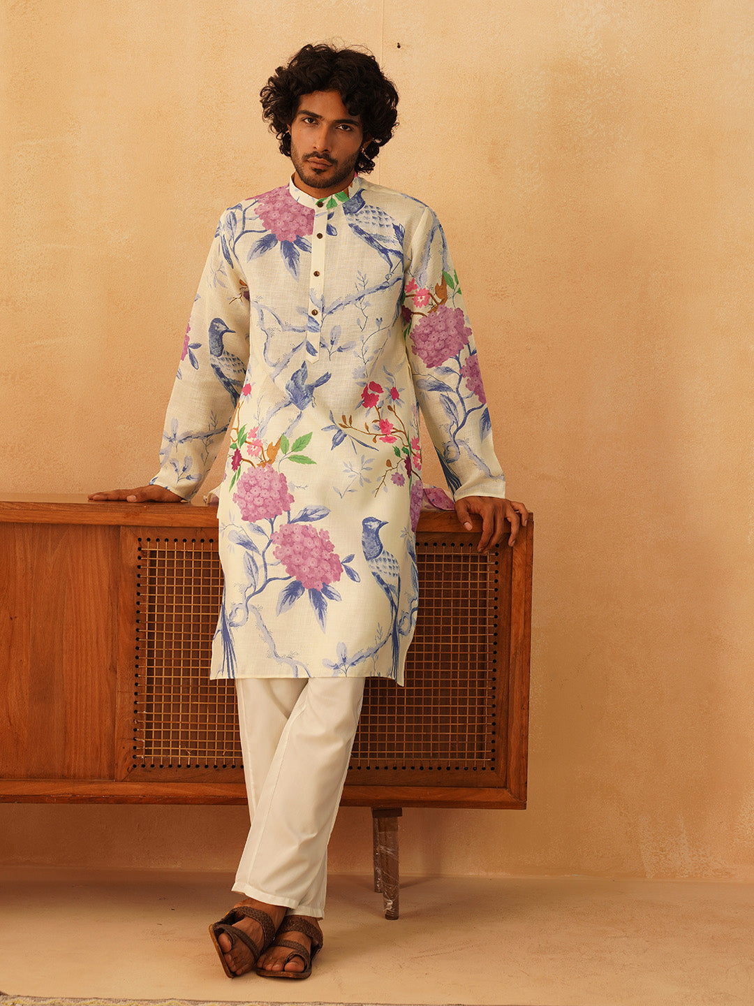 Jompers Floral Printed Pure Cotton Mandarin Collar Kurta With Trousers