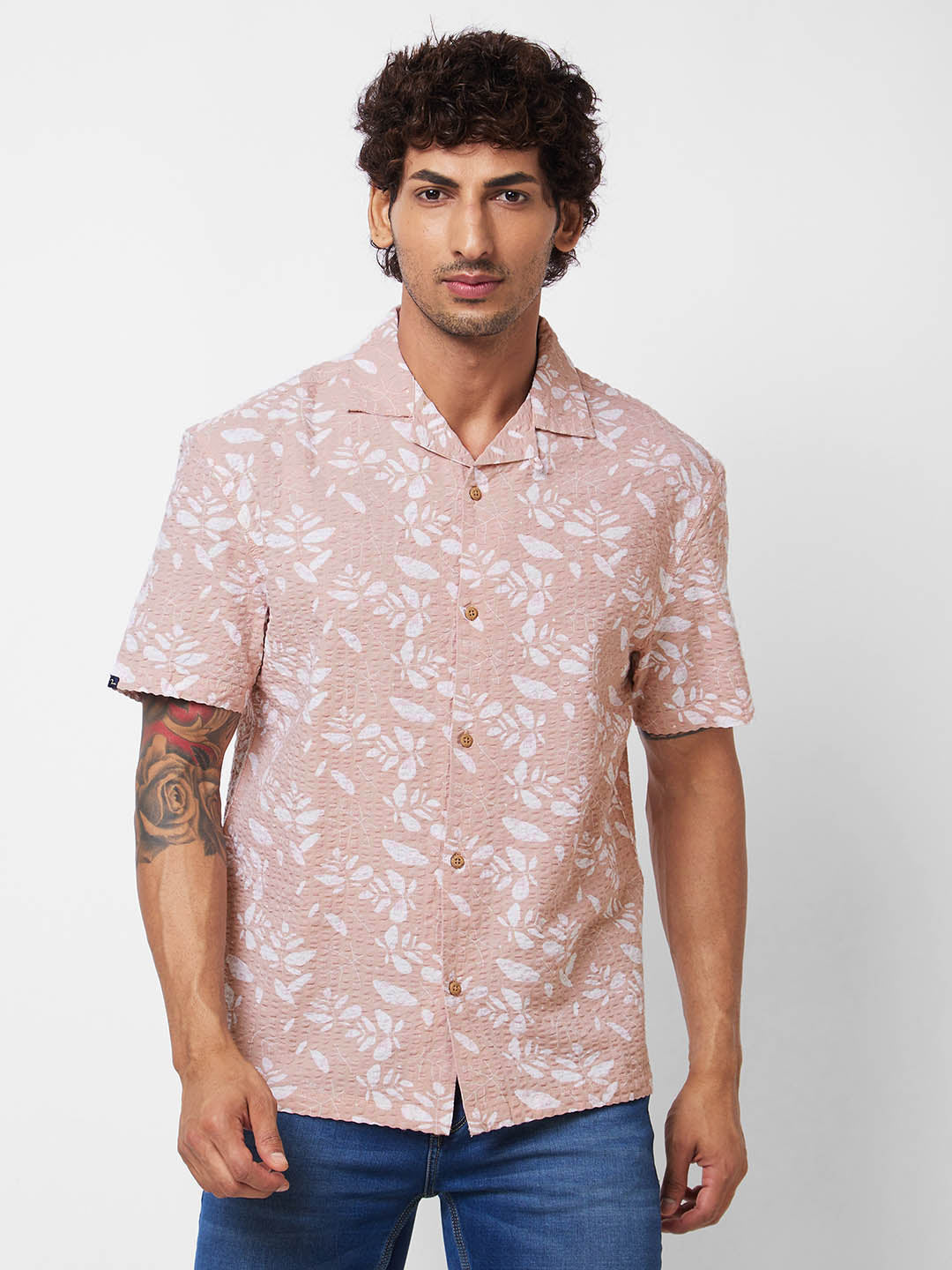 SPYKAR Floral Printed Cuban Collar Pure Cotton Casual Shirt