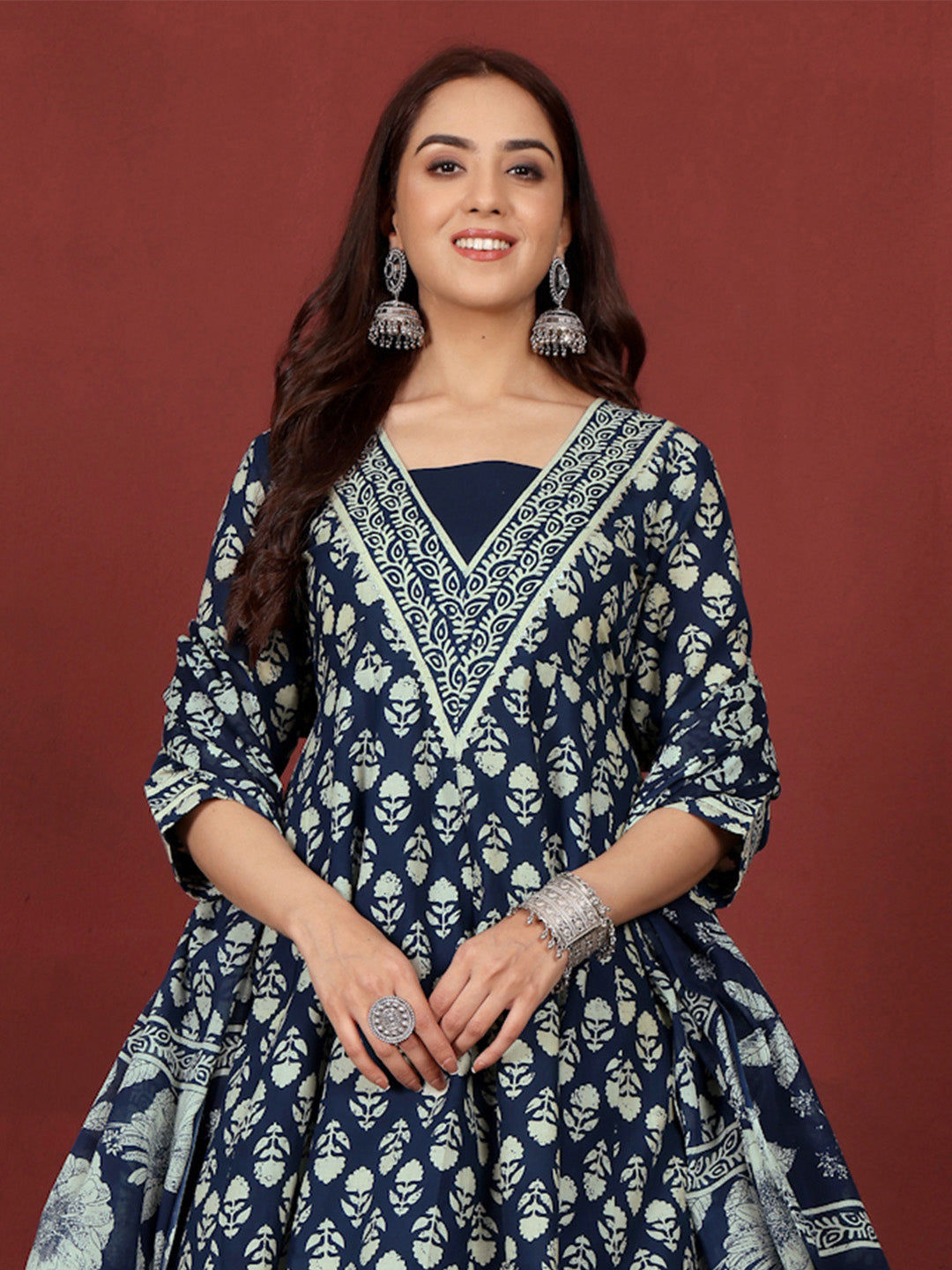 Varanga Floral Printed V-Neck Gotta Patti Pure Cotton A-Line Kurta With Trousers & Dupatta