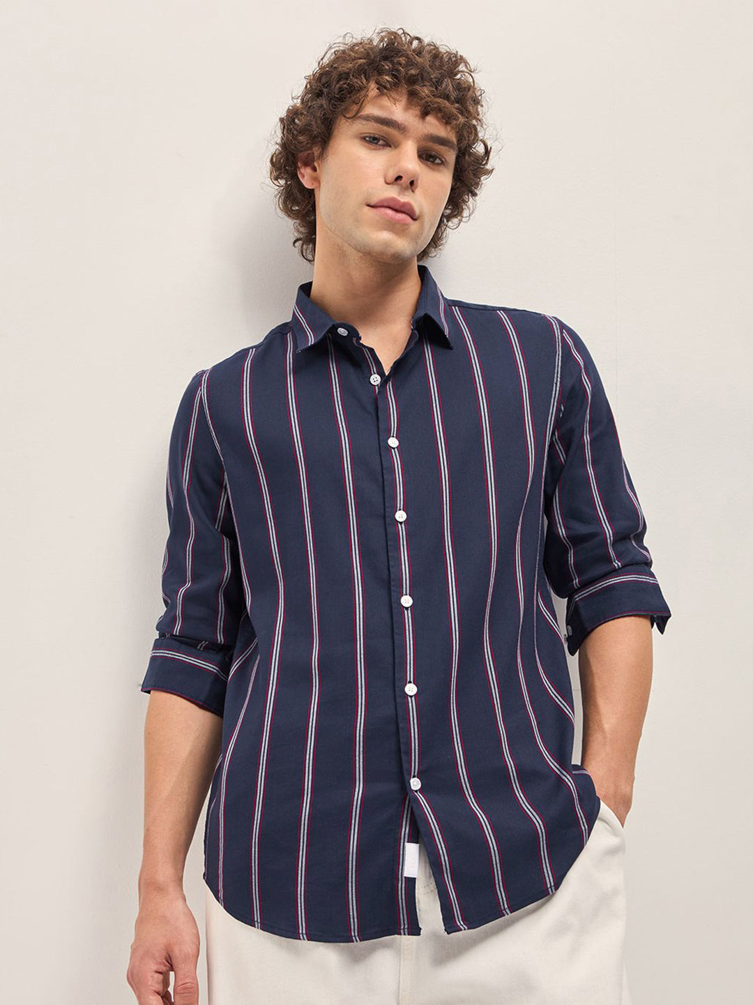 THE BEAR HOUSE Men Spread Collar Vertical Striped Cotton Slim Fit Casual Shirt