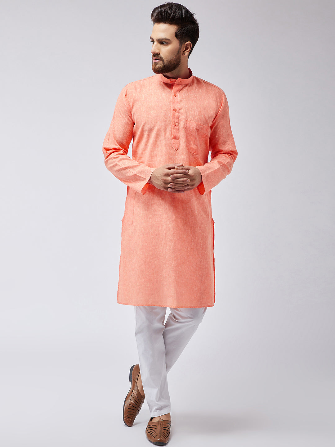 SOJANYA Men Orange & White Solid Kurta with Pyjamas