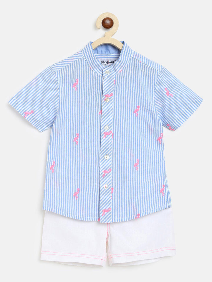 Nauti Nati Boys Blue & White Striped Pure Cotton Shirt with Shorts