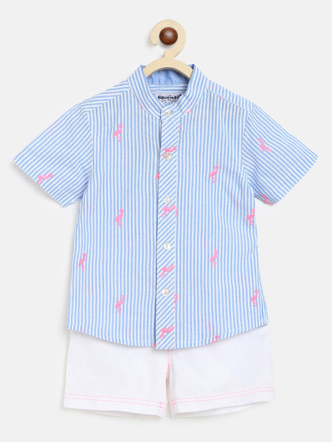 Nauti Nati Boys Blue & White Striped Pure Cotton Shirt with Shorts