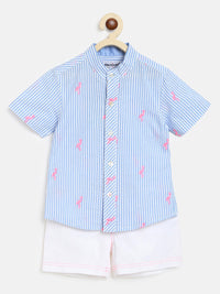 Nauti Nati Boys Blue & White Striped Pure Cotton Shirt with Shorts