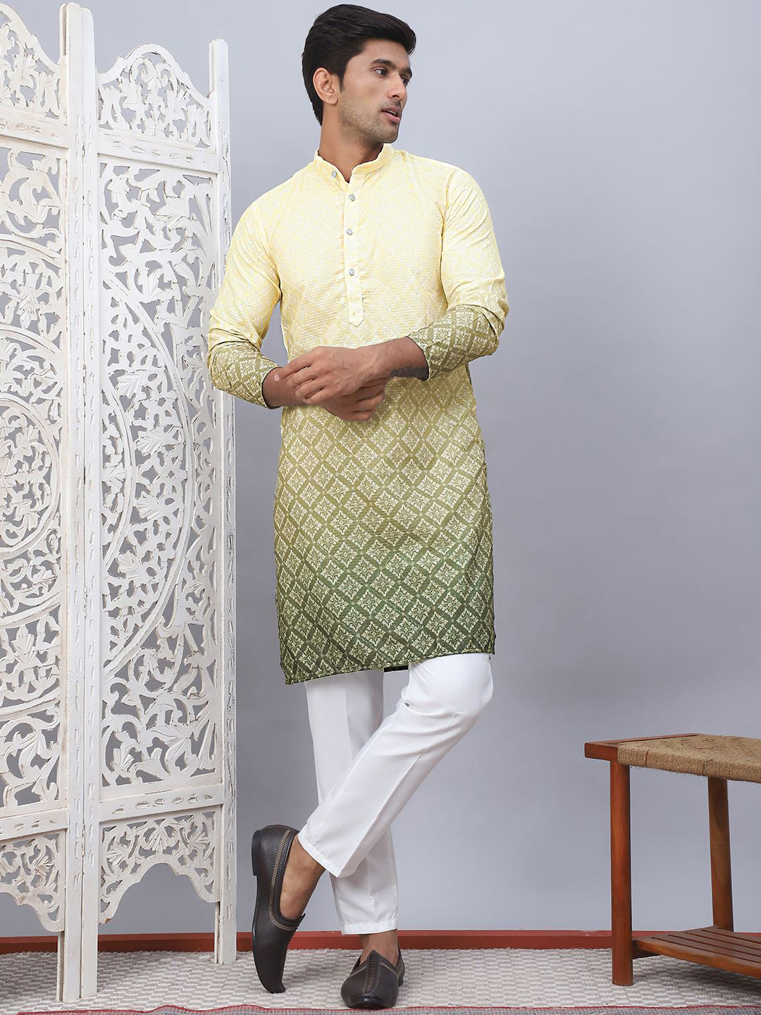 Jompers Ombre Printed Mandarin Collar Sequinned Straight Kurta With Pyjamas