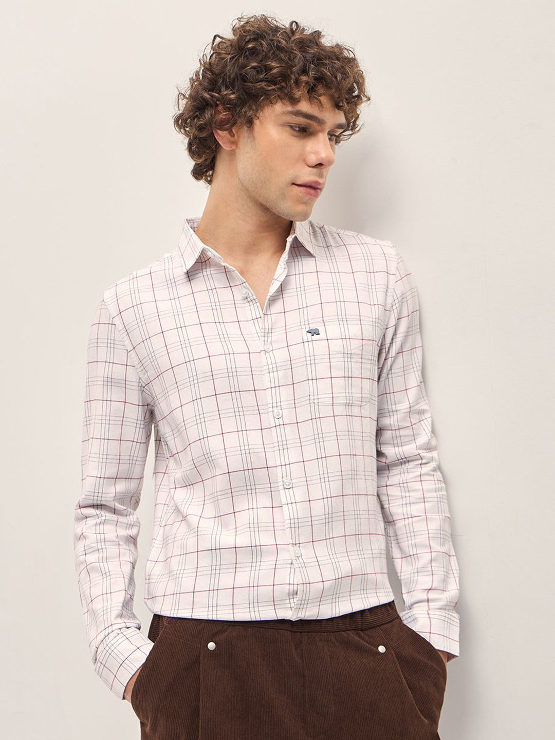 THE BEAR HOUSE Men Spread Collar Tartan Checked Cotton Slim Fit Casual Shirt