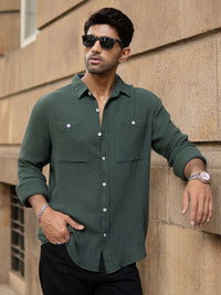Powerlook Men Textured Spread Collar Cotton Casual Shirt