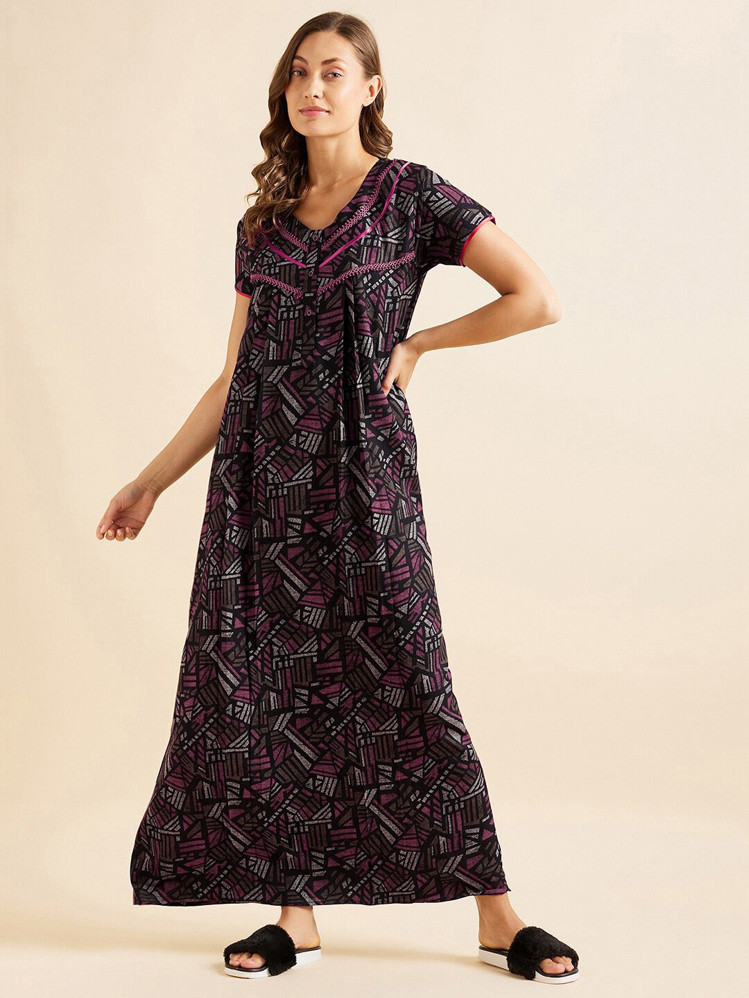 Sweet Dreams Red Geometric Printed Pure Cotton Maxi Nightdress