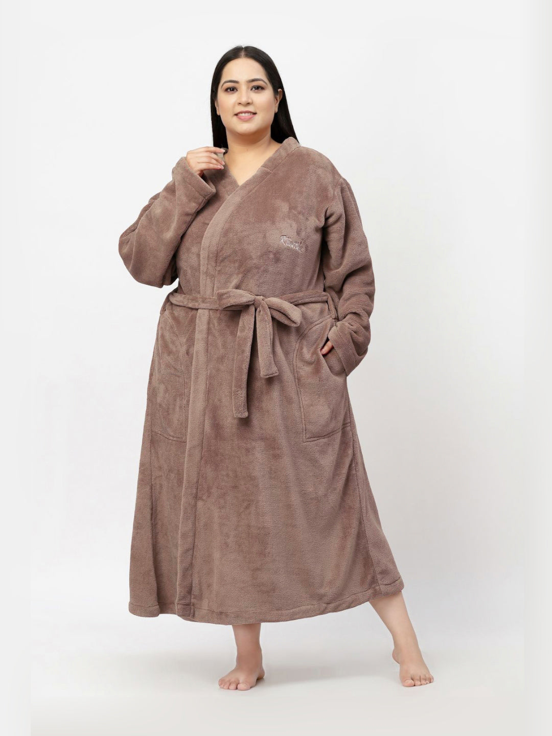 KLOTTHE Woolen Plus Size Long Sleeve Bath Robe with Belt