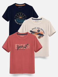 HELLCAT Boys Pack Of 3 Printed Cotton T-shirt