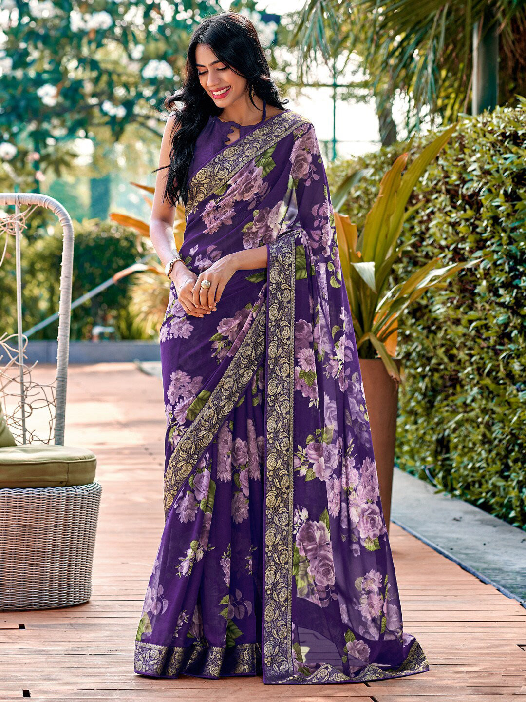 Saree mall Violet Floral Printed Poly Georgette Saree