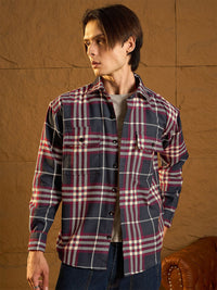 DENNISON Men Double Pocket Drop Shoulder Oversized Cotton Checked Shacket