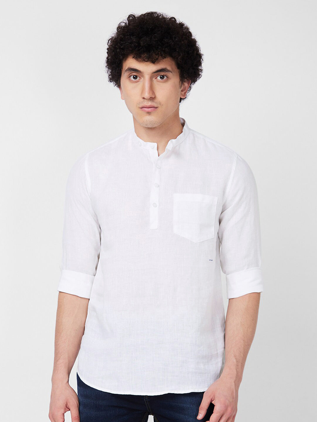 SPYKAR Mandarin Collar Long Sleeves Casual Linen Shirt