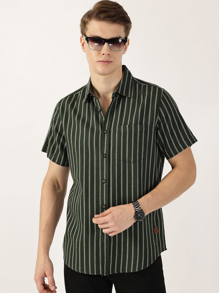 Thomas Scott Men Classic Slim Fit Spread Collar Vertical Striped Cotton Casual Shirt