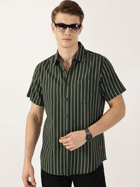 Thomas Scott Men Classic Slim Fit Spread Collar Vertical Striped Cotton Casual Shirt