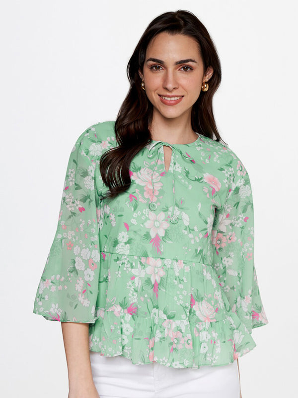 AND Green Floral Print Tie-Up Neck Peplum Top