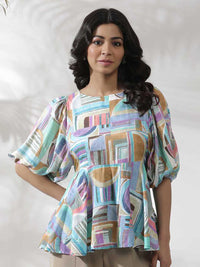 W Geometric Printed Puffed Sleeves Top