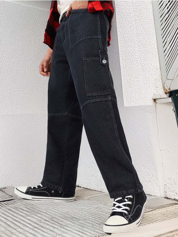 Urbano Fashion Men Loose Baggy Fit Washed Cargo Jeans with 6 Pockets Non-Stretchable