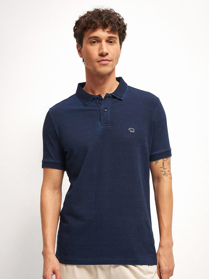THE BEAR HOUSE Pure Cotton  Self Design Polo Collar T-shirt