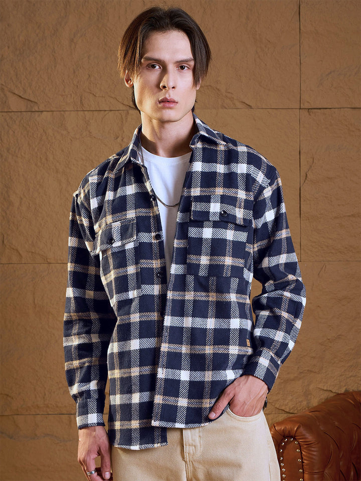 DENNISON Men Double Pocket Drop Shoulder Oversized Cotton Checked Shacket