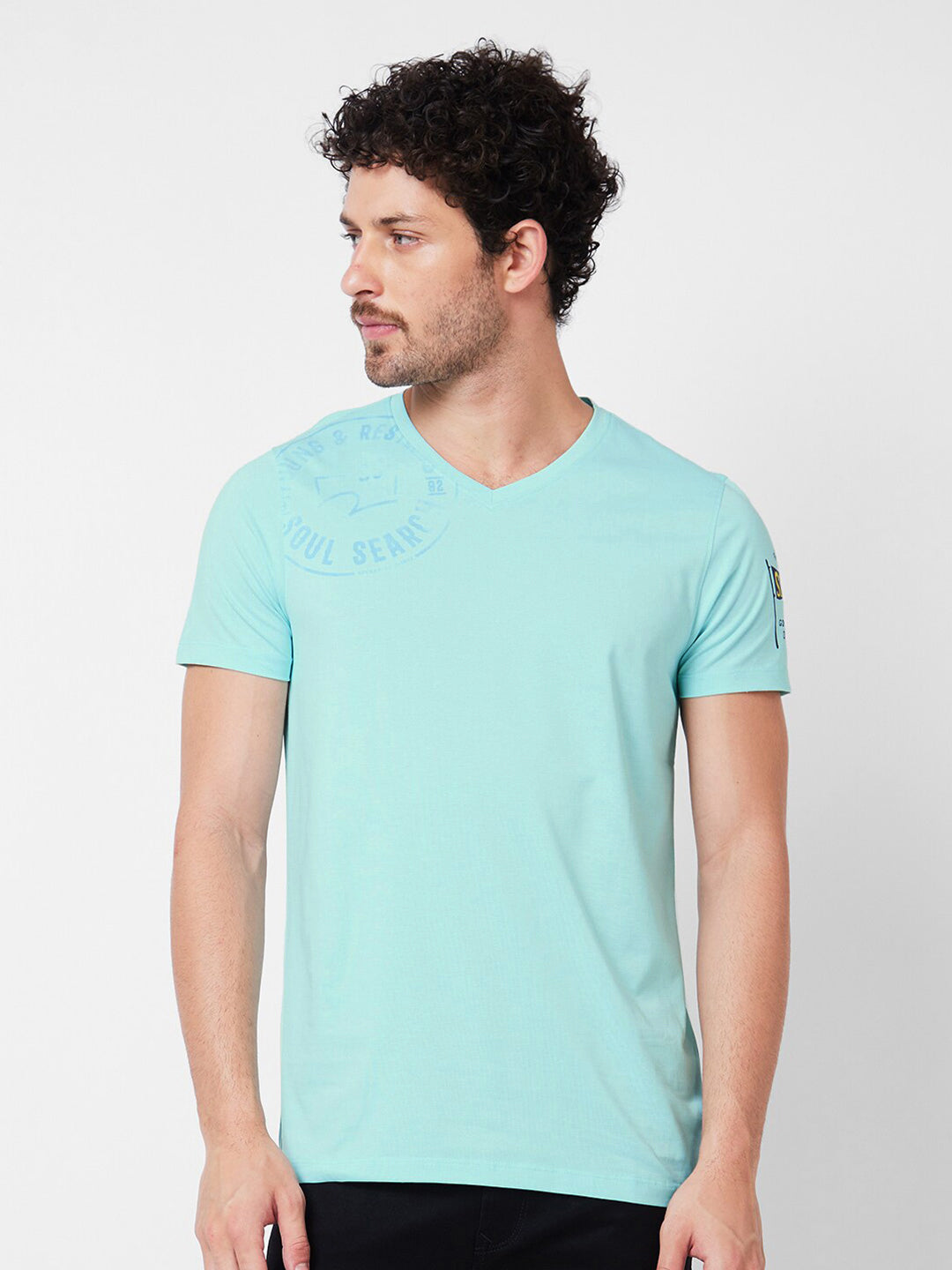 SPYKAR Typography Printed V-Neck Cotton Slim Fit T-shirt