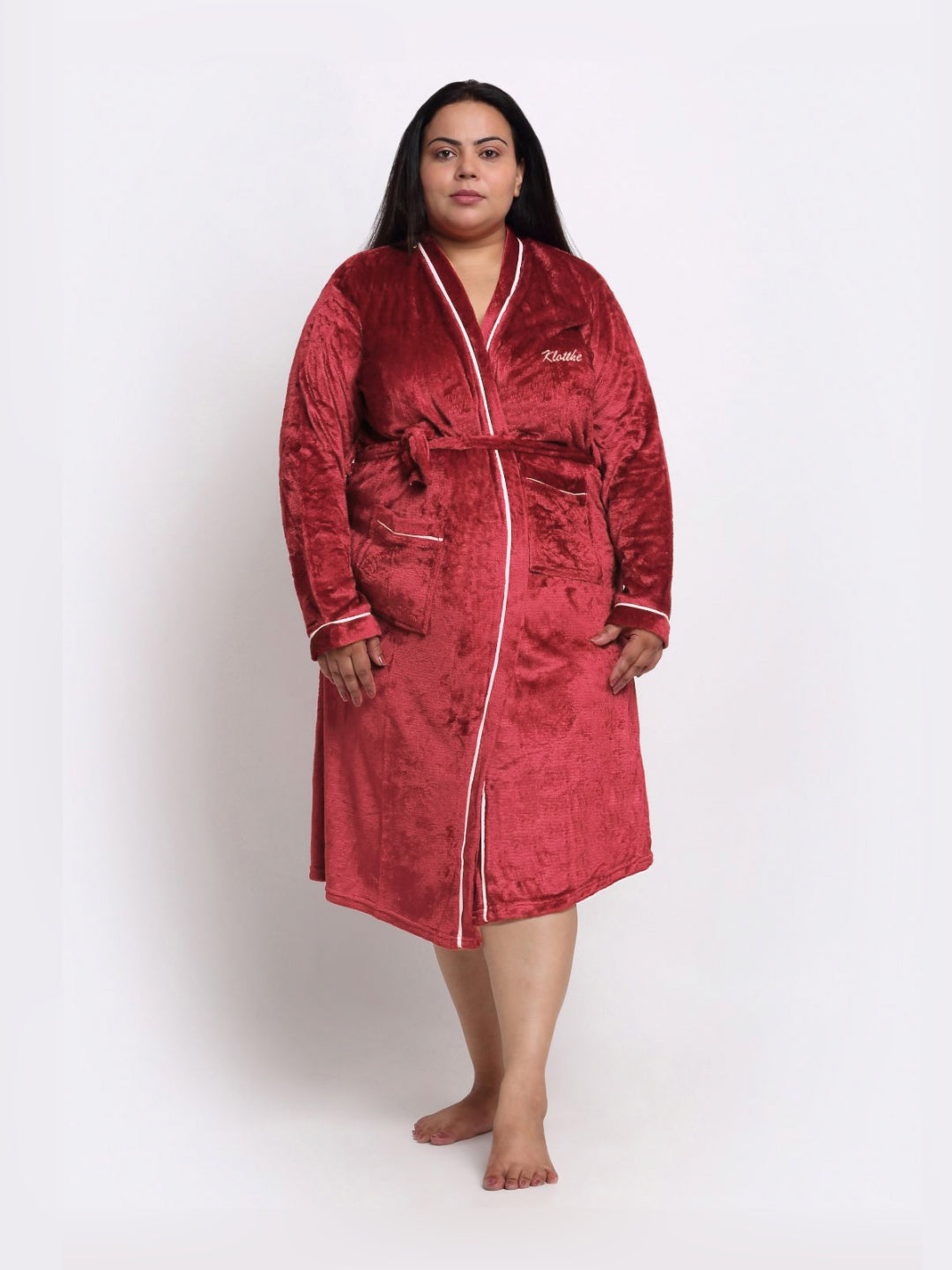 KLOTTHE Plus Size Red Woollen Long Sleeves Bath Robe With Belt